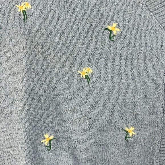 Witty Fox Cardigan Sweater L Blue Ditzy Yellow Flowers Boxy Drop Shoulder - Picture 5 of 9